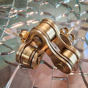 Biker Chain Stud Earrings for Cyclists / Bikers Gold Handmade Craft Jewelry